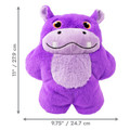 Purple hippo plush dog toy with rounded shape.  Shown with product dimensions