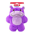 Purple hippo plush dog toy with rounded shape.  Shown in its retail packaging.