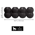 Black cylindrical dog toy with three stacked tiers and textured surface. Shown with product dimensions