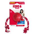 Red natural rubber ball dog toy with a red and white rope through the center. Shown in its retail packaging.