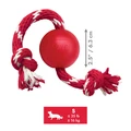 Red natural rubber ball dog toy with a red and white rope through the center. Shown with product dimensions