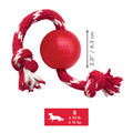 Red natural rubber ball dog toy with a red and white rope through the center. Shown with product dimensions