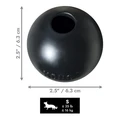 Black natural rubber ball dog toy with “KONG” embossed. Shown with product dimensions