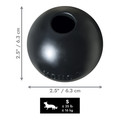 Black natural rubber ball dog toy with “KONG” embossed. Shown with product dimensions