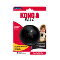 Black natural rubber ball dog toy with “KONG” embossed. Shown in its retail packaging.