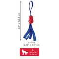 Red natural rubber KONG Shaped dog toy blue rope and tassel ends. Shown with product dimensions