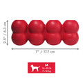 Red cylindrical dog toy with three stacked tiers and textured surface. Shown with product dimensions