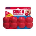Red cylindrical dog toy with three stacked tiers and textured surface. Shown in its retail packaging.