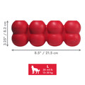 Red cylindrical dog toy with three stacked tiers and textured surface. Shown with product dimensions
