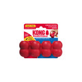 Red cylindrical dog toy with three stacked tiers and textured surface. Shown in its retail packaging.