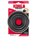 Black circular natural rubber ring dog toy with textured surface. Shown in its retail packaging.
