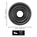 Black circular natural rubber ring dog toy with textured surface. Shown with product dimensions