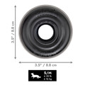 Black circular natural rubber ring dog toy with textured surface. Shown with product dimensions