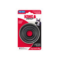 Black circular natural rubber ring dog toy with textured surface. Shown in its retail packaging.