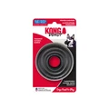 Black circular natural rubber ring dog toy with textured surface. Shown in its retail packaging.