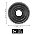 Black circular natural rubber ring dog toy with textured surface. Shown with product dimensions