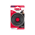 Black circular natural rubber ring dog toy with textured surface. Shown in its retail packaging.