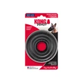Black circular natural rubber ring dog toy with textured surface. Shown in its retail packaging.