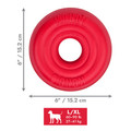 Red circular natural rubber ring dog toy with textured surface. Shown with product dimensions