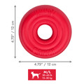 Red circular natural rubber ring dog toy with textured surface. Shown with product dimensions