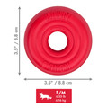 Red circular natural rubber ring dog toy with textured surface. Shown with product dimensions