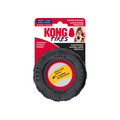 Black tire shaped dog toy with hollowed out center.  Shown in its retail packaging.