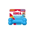 Blue bone-shaped dog toy with textured ends. Shown in its retail packaging.