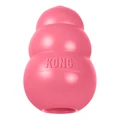 Pink natural rubber KONG shaped dog toy with three tiers and “KONG” embossed.
