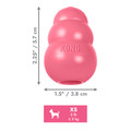 Pink natural rubber KONG shaped dog toy with three tiers and “KONG” embossed. Shown with product dimensions