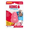 Pink natural rubber KONG shaped dog toy with three tiers and “KONG” embossed. Shown in its retail packaging.