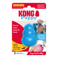 Blue natural rubber KONG shaped dog toy with three tiers and “KONG” embossed. Shown in its retail packaging.