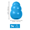 Blue natural rubber KONG shaped dog toy with three tiers and “KONG” embossed. Shown with product dimensions