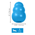 Blue natural rubber KONG shaped dog toy with three tiers and “KONG” embossed. Shown with product dimensions