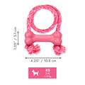Pink bone-shaped dog toy with rope through the ends.  Shown with product dimensions