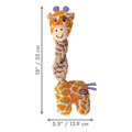 Giraffe-shaped plush dog toy with yellow body and brown spots. Shown with product dimensions