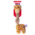 Giraffe-shaped plush dog toy with yellow body and brown spots. Shown in its retail packaging.