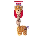Giraffe-shaped plush dog toy with yellow body and brown spots. Shown in its retail packaging.
