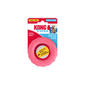 Pink tire shaped dog toy with hollowed out center.  Shown in its retail packaging.
