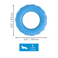 Blue tire shaped dog toy with hollowed out center.  Shown with product dimensions
