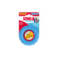 Blue tire shaped dog toy with hollowed out center.  Shown in its retail packaging.