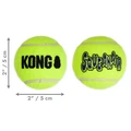 Neon green tennis ball dog toy with KONG printed. Shown with product dimensions