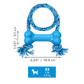 Pink bone-shaped dog toy with rope through the ends.  Shown with product dimensions