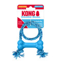 Pink bone-shaped dog toy with rope through the ends.  Shown in its retail packaging.