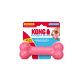 Pink bone-shaped dog toy with textured ends. Shown in its retail packaging.
