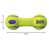 Neon yellow dumbbell-shaped dog toy.  Shown with product dimensions