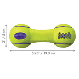 Neon yellow dumbbell-shaped dog toy.  Shown with product dimensions