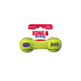Neon yellow dumbbell-shaped dog toy.  Shown in its retail packaging.