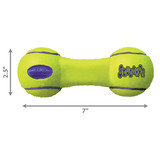 Neon yellow dumbbell-shaped dog toy.  Shown with product dimensions