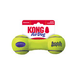 Neon yellow dumbbell-shaped dog toy.  Shown in its retail packaging.