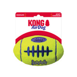 Neo Yellow football-shaped dog toy with purple stripes and purple oval center. Shown in its retail packaging.